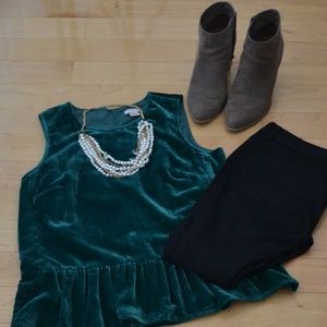 J.Crew Green Velvet Peplum Top, Size 2, EUC